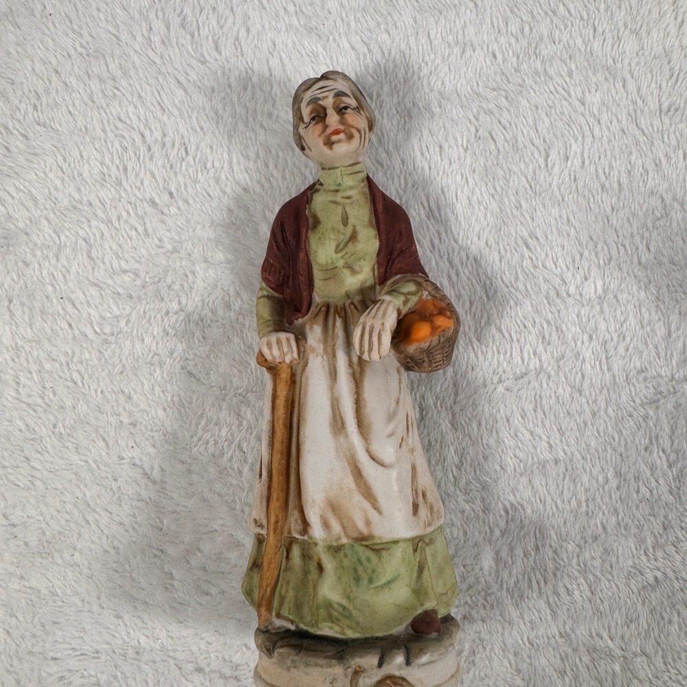Vintage Made in Taiwan Elderly Woman Figurine Basket Cane 6.5" Ceramic